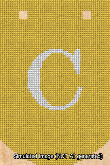 A simulated image of the stitched needlepoint design: Banner 13m Curved C White on Yellow. Not A.I. generated.
