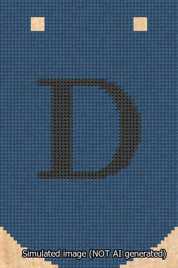 A simulated image of the stitched needlepoint design: Banner 13m Curved D Black on Blue. Not A.I. generated.