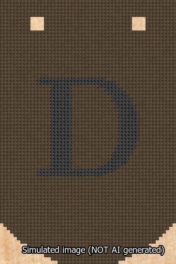 A simulated image of the stitched needlepoint design: Banner 13m Curved D Black on Brown. Not A.I. generated.