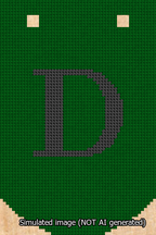 A simulated image of the stitched needlepoint design: Banner 13m Curved D Black on Green. Not A.I. generated.