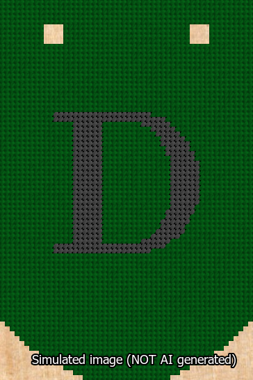 A simulated image of the stitched needlepoint design: Banner 13m Curved D Black on Green. Not A.I. generated.