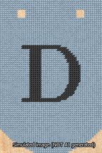A simulated image of the stitched needlepoint design: Banner 13m Curved D Black on Light Blue. Not A.I. generated.
