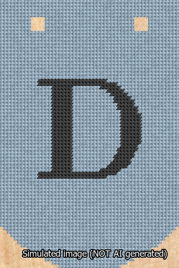 A simulated image of the stitched needlepoint design: Banner 13m Curved D Black on Light Blue. Not A.I. generated.