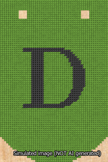 A simulated image of the stitched needlepoint design: Banner 13m Curved D Black on Light Green. Not A.I. generated.