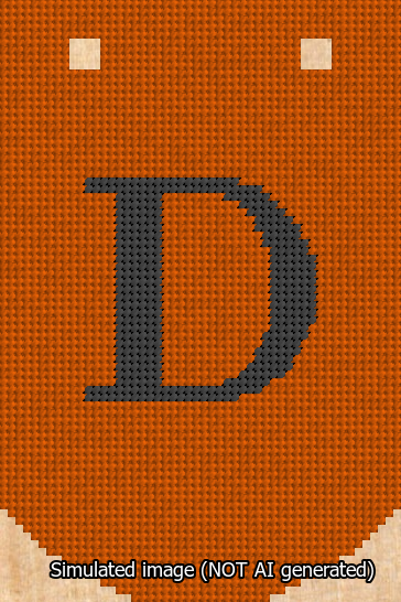 A simulated image of the stitched needlepoint design: Banner 13m Curved D Black on Orange. Not A.I. generated.