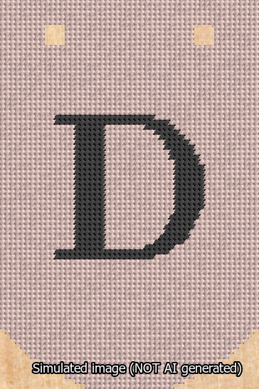 A simulated image of the stitched needlepoint design: Banner 13m Curved D Black on Pink. Not A.I. generated.