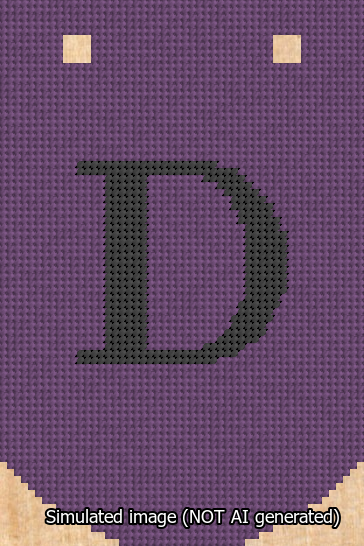 A simulated image of the stitched needlepoint design: Banner 13m Curved D Black on Purple. Not A.I. generated.