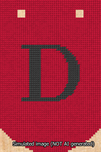A simulated image of the stitched needlepoint design: Banner 13m Curved D Black on Red. Not A.I. generated.