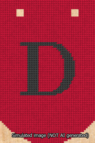 A simulated image of the stitched needlepoint design: Banner 13m Curved D Black on Red. Not A.I. generated.
