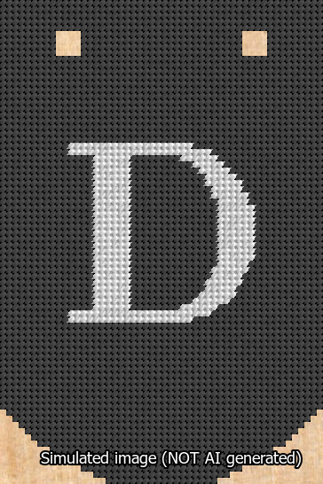 A simulated image of the stitched needlepoint design: Banner 13m Curved D White on Black. Not A.I. generated.