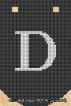 A simulated image of the stitched needlepoint design: Banner 13m Curved D White on Black. Not A.I. generated.