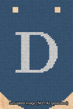 A simulated image of the stitched needlepoint design: Banner 13m Curved D White on Blue. Not A.I. generated.