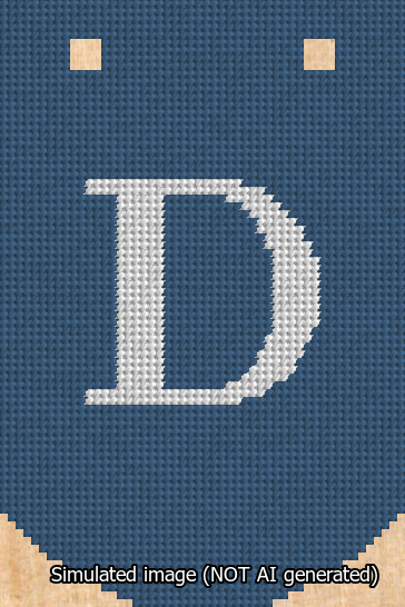 A simulated image of the stitched needlepoint design: Banner 13m Curved D White on Blue. Not A.I. generated.