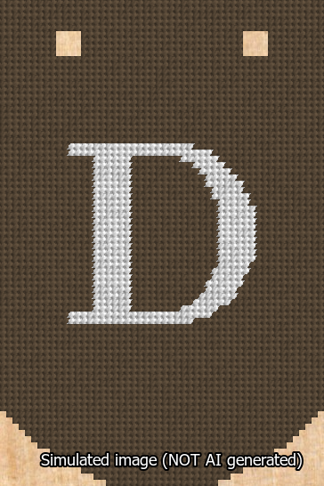 A simulated image of the stitched needlepoint design: Banner 13m Curved D White on Brown. Not A.I. generated.