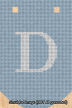 A simulated image of the stitched needlepoint design: Banner 13m Curved D White on Light Blue. Not A.I. generated.