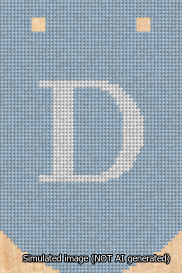 A simulated image of the stitched needlepoint design: Banner 13m Curved D White on Light Blue. Not A.I. generated.