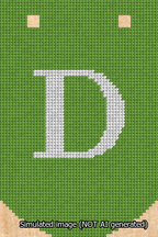 A simulated image of the stitched needlepoint design: Banner 13m Curved D White on Light Green. Not A.I. generated.