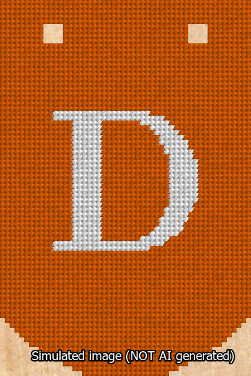 A simulated image of the stitched needlepoint design: Banner 13m Curved D White on Orange. Not A.I. generated.
