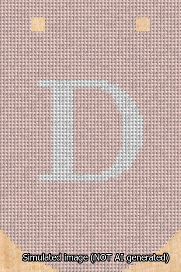 A simulated image of the stitched needlepoint design: Banner 13m Curved D White on Pink. Not A.I. generated.