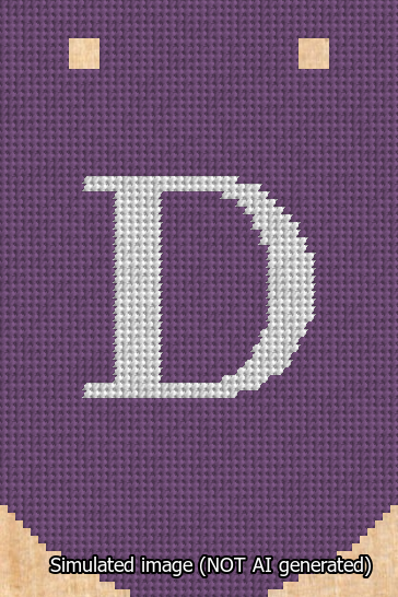 A simulated image of the stitched needlepoint design: Banner 13m Curved D White on Purple. Not A.I. generated.