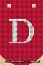 A simulated image of the stitched needlepoint design: Banner 13m Curved D White on Red. Not A.I. generated.