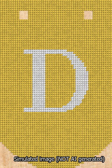 A simulated image of the stitched needlepoint design: Banner 13m Curved D White on Yellow. Not A.I. generated.