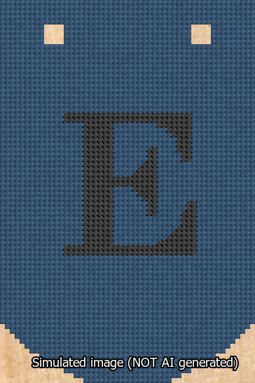 A simulated image of the stitched needlepoint design: Banner 13m Curved E Black on Blue. Not A.I. generated.