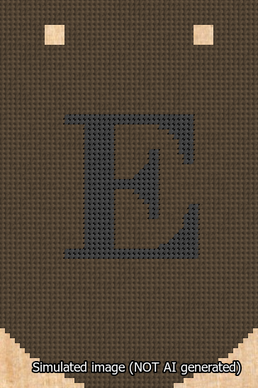 A simulated image of the stitched needlepoint design: Banner 13m Curved E Black on Brown. Not A.I. generated.