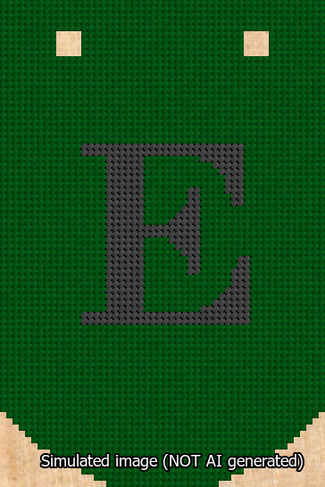A simulated image of the stitched needlepoint design: Banner 13m Curved E Black on Green. Not A.I. generated.