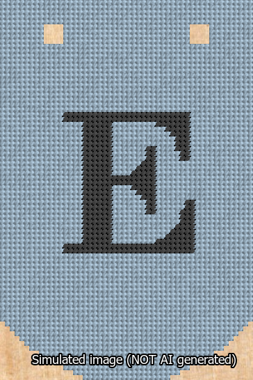 A simulated image of the stitched needlepoint design: Banner 13m Curved E Black on Light Blue. Not A.I. generated.
