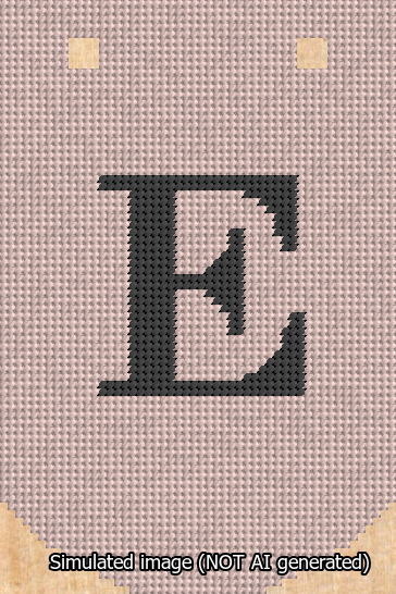 A simulated image of the stitched needlepoint design: Banner 13m Curved E Black on Pink. Not A.I. generated.