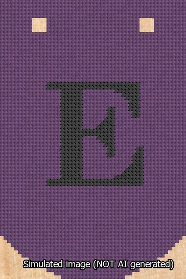 A simulated image of the stitched needlepoint design: Banner 13m Curved E Black on Purple. Not A.I. generated.