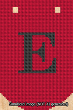 A simulated image of the stitched needlepoint design: Banner 13m Curved E Black on Red. Not A.I. generated.