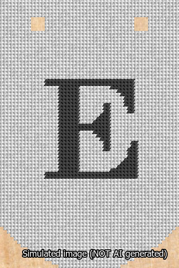 A simulated image of the stitched needlepoint design: Banner 13m Curved E Black on White. Not A.I. generated.