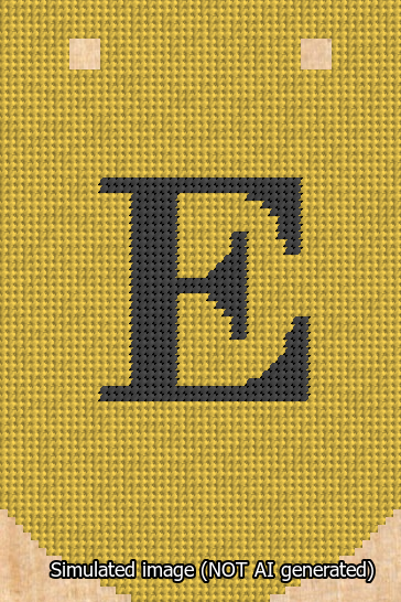 A simulated image of the stitched needlepoint design: Banner 13m Curved E Black on Yellow. Not A.I. generated.