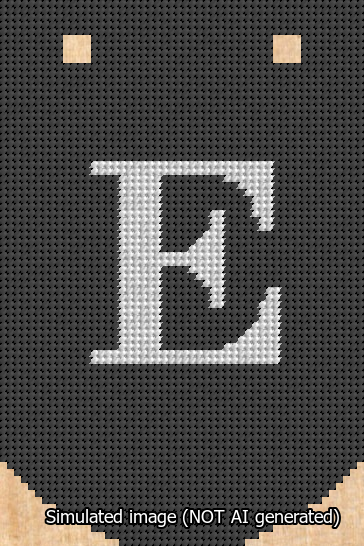 A simulated image of the stitched needlepoint design: Banner 13m Curved E White on Black. Not A.I. generated.