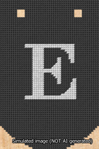 A simulated image of the stitched needlepoint design: Banner 13m Curved E White on Black. Not A.I. generated.