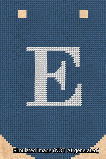 A simulated image of the stitched needlepoint design: Banner 13m Curved E White on Blue. Not A.I. generated.