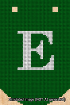 A simulated image of the stitched needlepoint design: Banner 13m Curved E White on Green. Not A.I. generated.