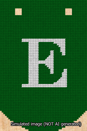 A simulated image of the stitched needlepoint design: Banner 13m Curved E White on Green. Not A.I. generated.