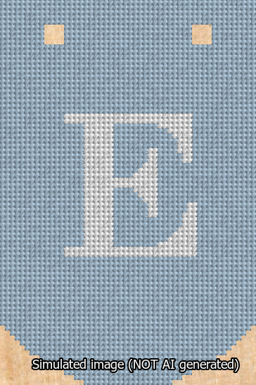 A simulated image of the stitched needlepoint design: Banner 13m Curved E White on Light Blue. Not A.I. generated.