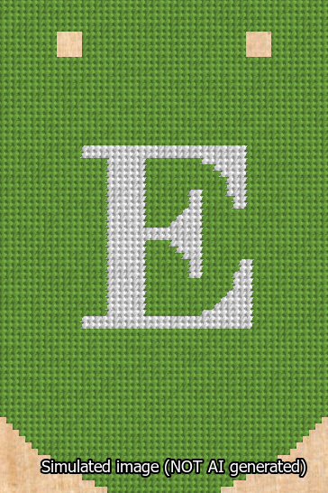 A simulated image of the stitched needlepoint design: Banner 13m Curved E White on Light Green. Not A.I. generated.