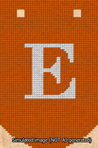 A simulated image of the stitched needlepoint design: Banner 13m Curved E White on Orange. Not A.I. generated.