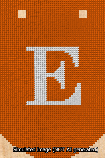 A simulated image of the stitched needlepoint design: Banner 13m Curved E White on Orange. Not A.I. generated.