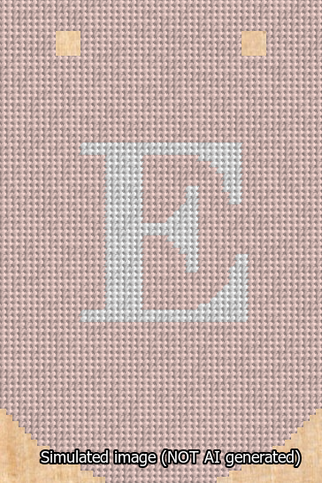A simulated image of the stitched needlepoint design: Banner 13m Curved E White on Pink. Not A.I. generated.