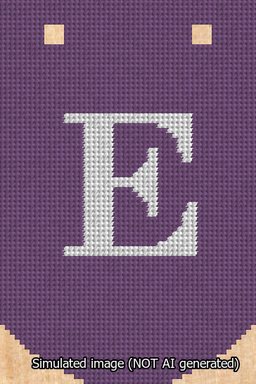A simulated image of the stitched needlepoint design: Banner 13m Curved E White on Purple. Not A.I. generated.