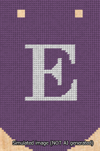 A simulated image of the stitched needlepoint design: Banner 13m Curved E White on Purple. Not A.I. generated.
