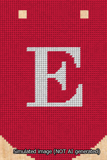 A simulated image of the stitched needlepoint design: Banner 13m Curved E White on Red. Not A.I. generated.