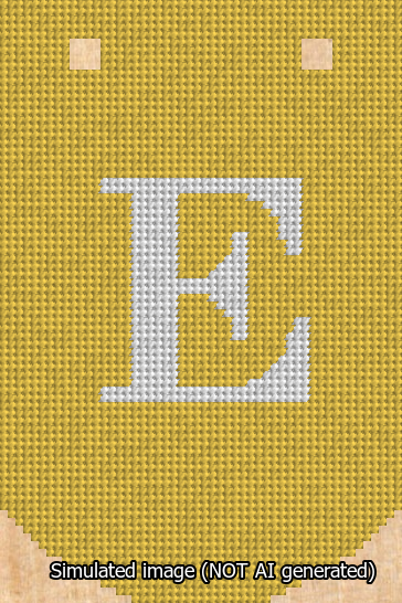 A simulated image of the stitched needlepoint design: Banner 13m Curved E White on Yellow. Not A.I. generated.