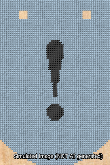 A simulated image of the stitched needlepoint design: Banner 13m Curved Exclamation Black on Light Blue. Not A.I. generated.